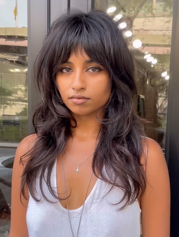 Shag Style: Dark Brown Hair with Curtain Bangs and a White Ribbed Tank — Long Bangs