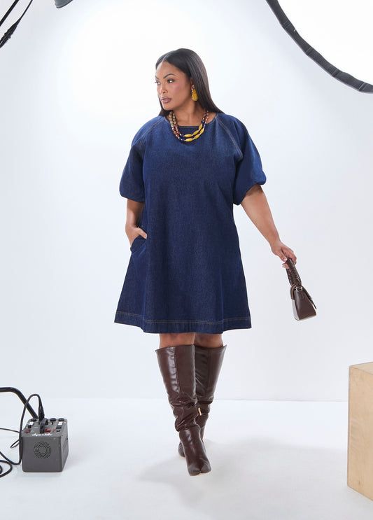 A-Line Denim Dress with Knee-High Boots A-Line Denim Dress with Knee-High Boots — Denim Dress Outfits