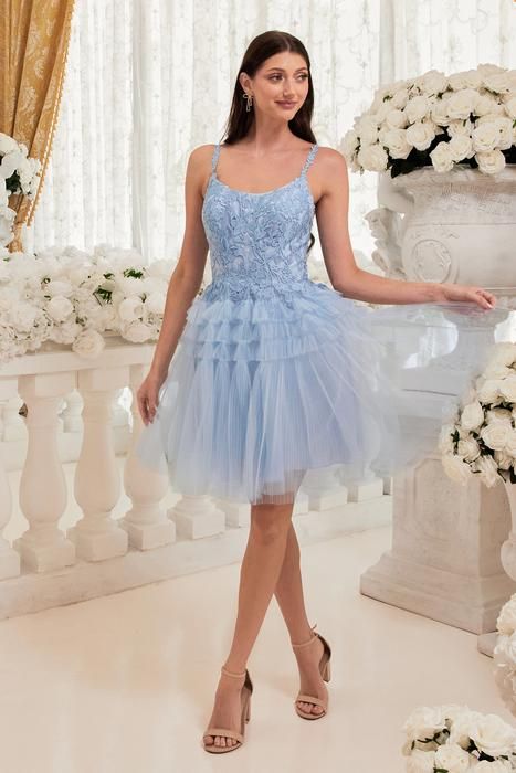 Light Blue Tiered Mini Dress with Embroidered Bodice — Rehearsal Dinner Dresses