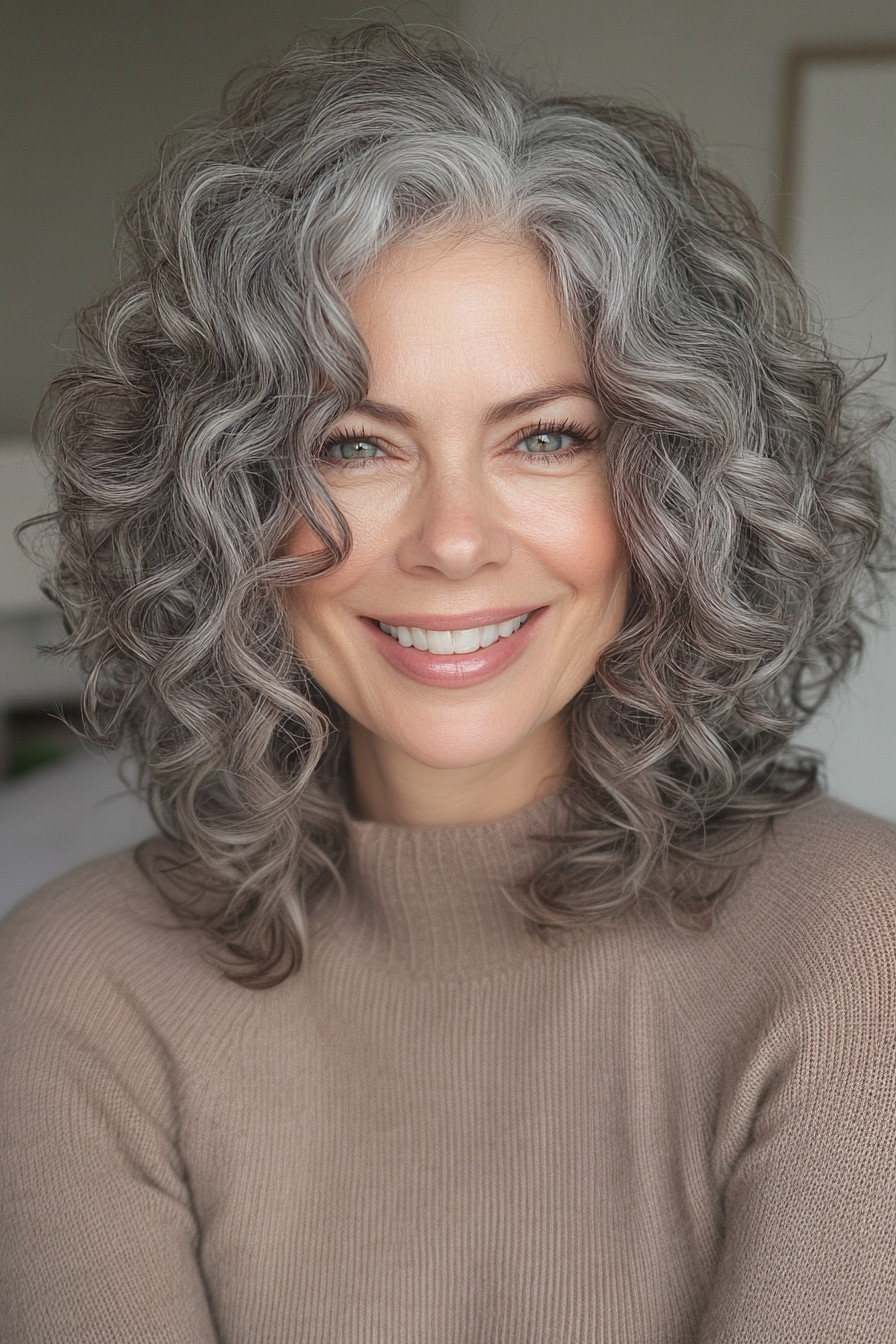Short Curly Bob Salt and Pepper — Gray Blending Over 50