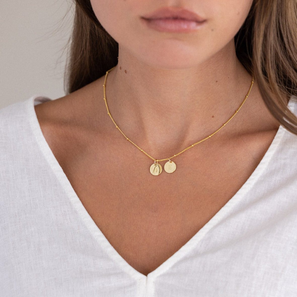 Double Initial Pendant Necklace on White Linen Double Initial Pendant Necklace on White Linen — Initial Necklaces