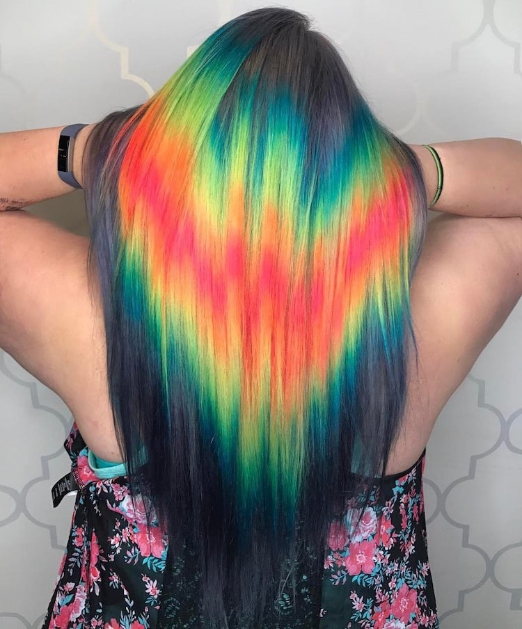 Dark Grey Base With Neon Rainbow V-Shape — Holographic Hair
