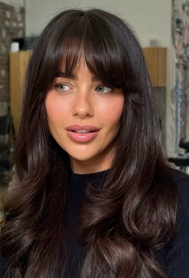 Glossy Dark Brown Waves with Soft Bangs — Long Layered Hair with Curtain Bangs