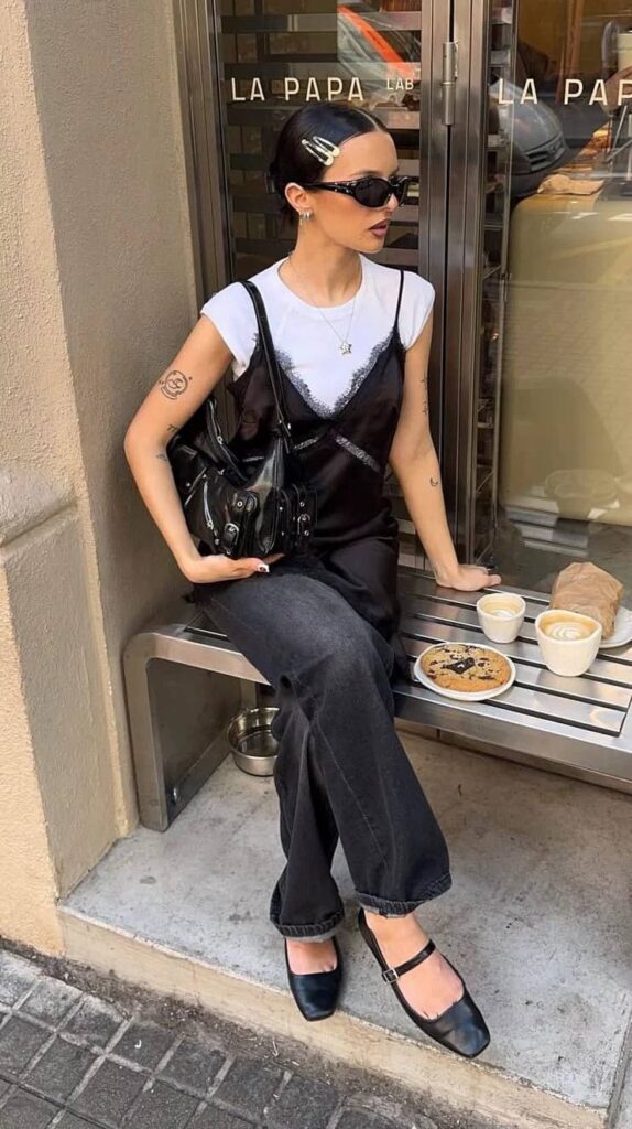 Layered Denim and Slip Dress with Square-Toe Ballet Flats — Ballet Flats Outfits