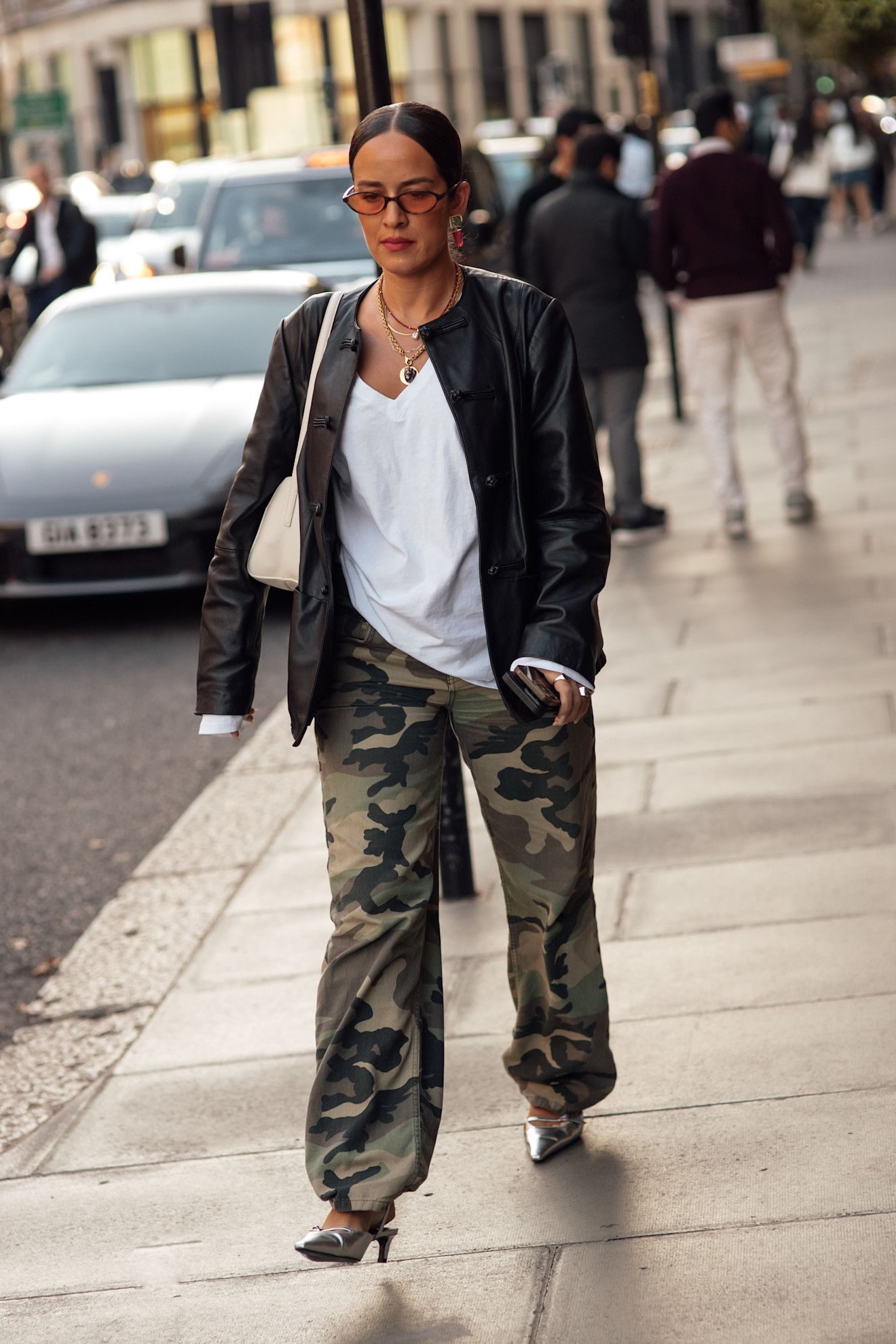 Camo Trousers with Leather Blazer and Silver Heels Camo Trousers with Leather Blazer and Silver Heels — Camo Outfits
