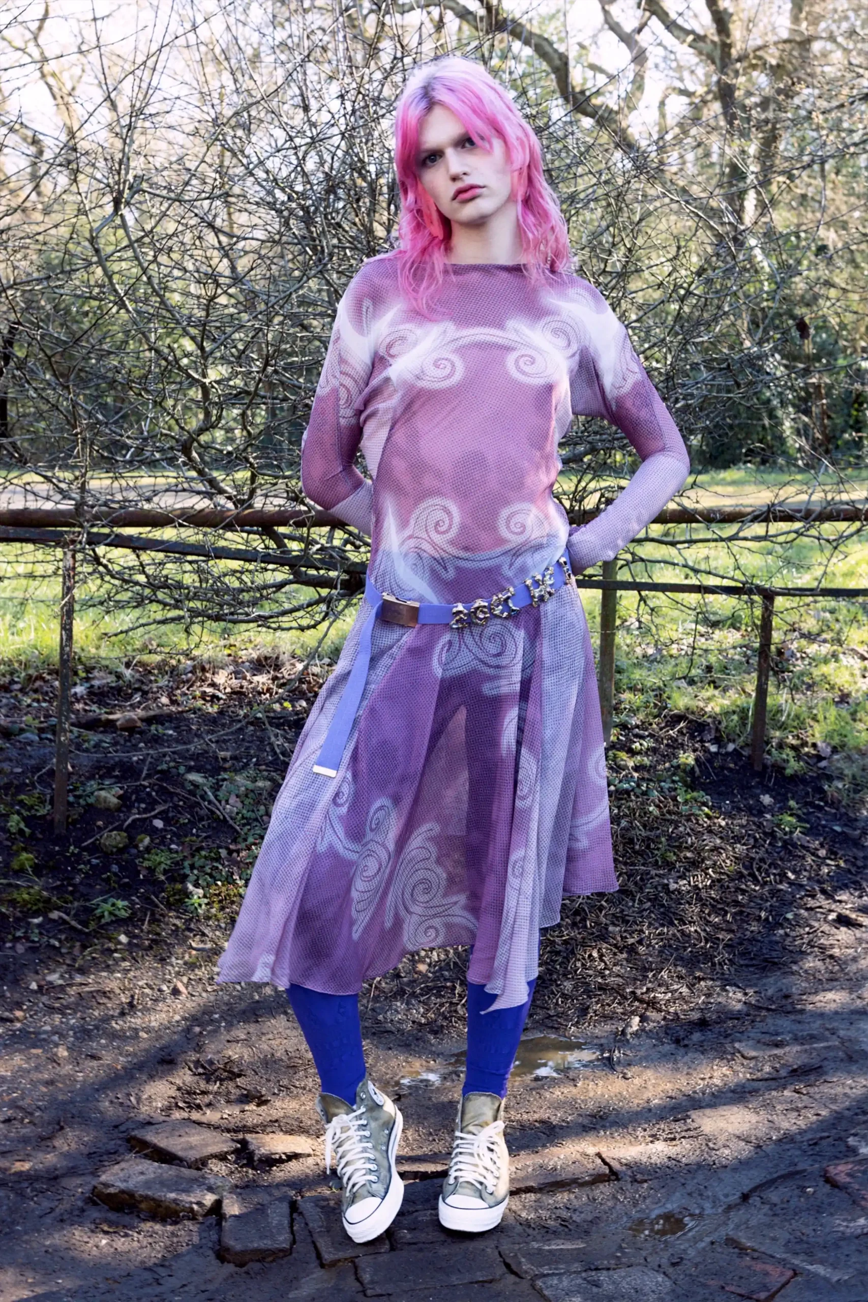 Purple Mesh Dress Over Blue Leggings with High-Tops — Indie Sleaze Outfits