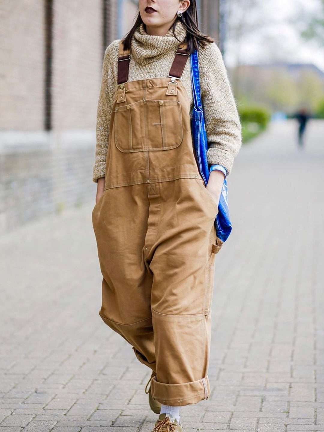Oversized Tan Canvas Overalls with Beige Turtleneck and Lace-Up Shoes Oversized Tan Canvas Overalls with Beige Turtleneck and Lace-Up Shoes