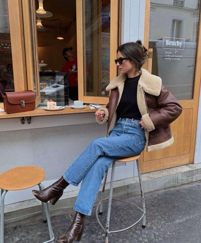 Shearling-Lined Jacket and Leather Boots for a Cozy Date Shearling-Lined Jacket and Leather Boots for a Cozy Date — Coffee Date Outfits