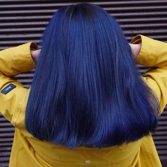 Chin-Length Fine Navy Blunt Bob — Dark Blue Hair