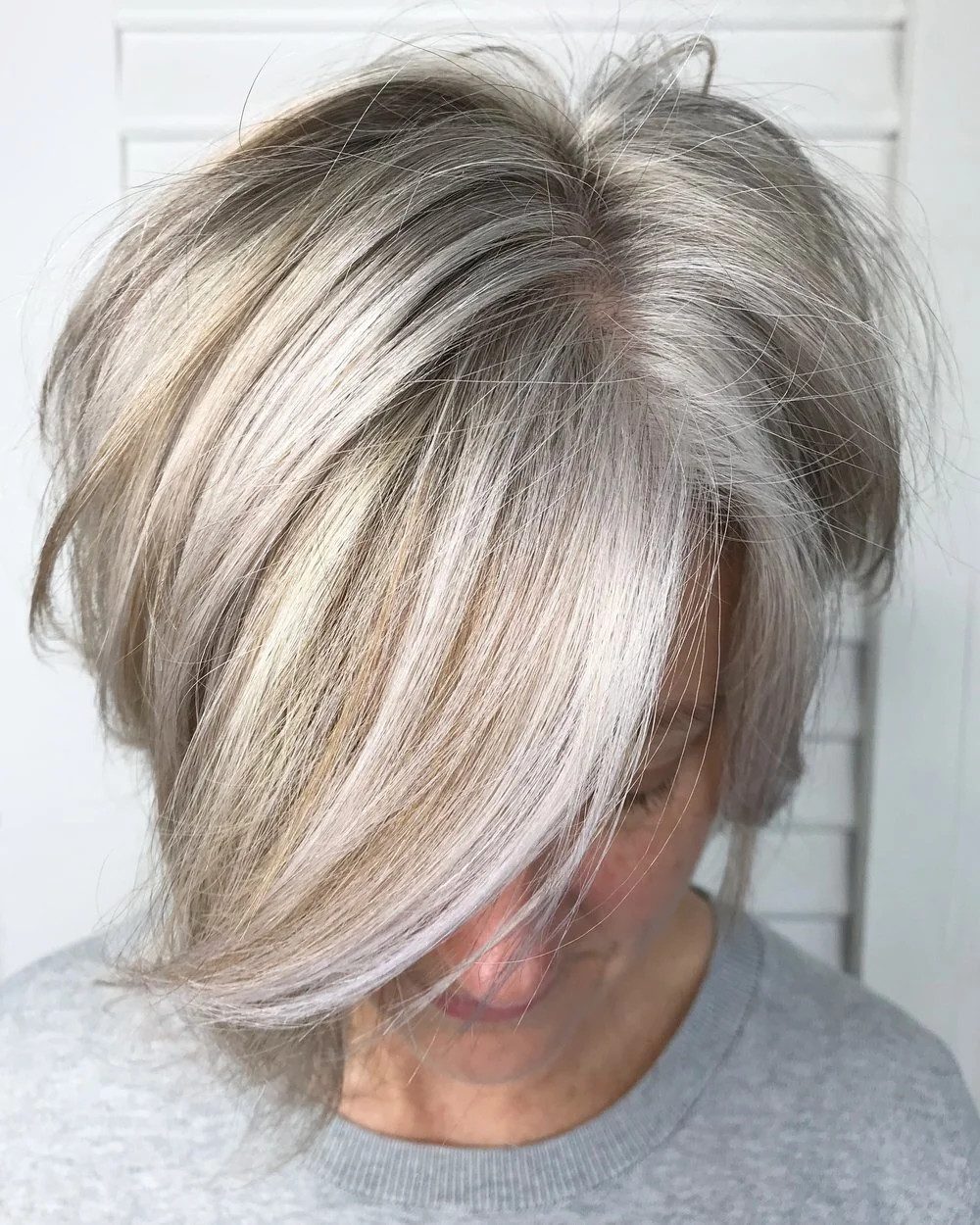 Shoulder Length Ashy Gray Tones Shoulder Length Ashy Gray Tones — Gray Blending for Dark Hair