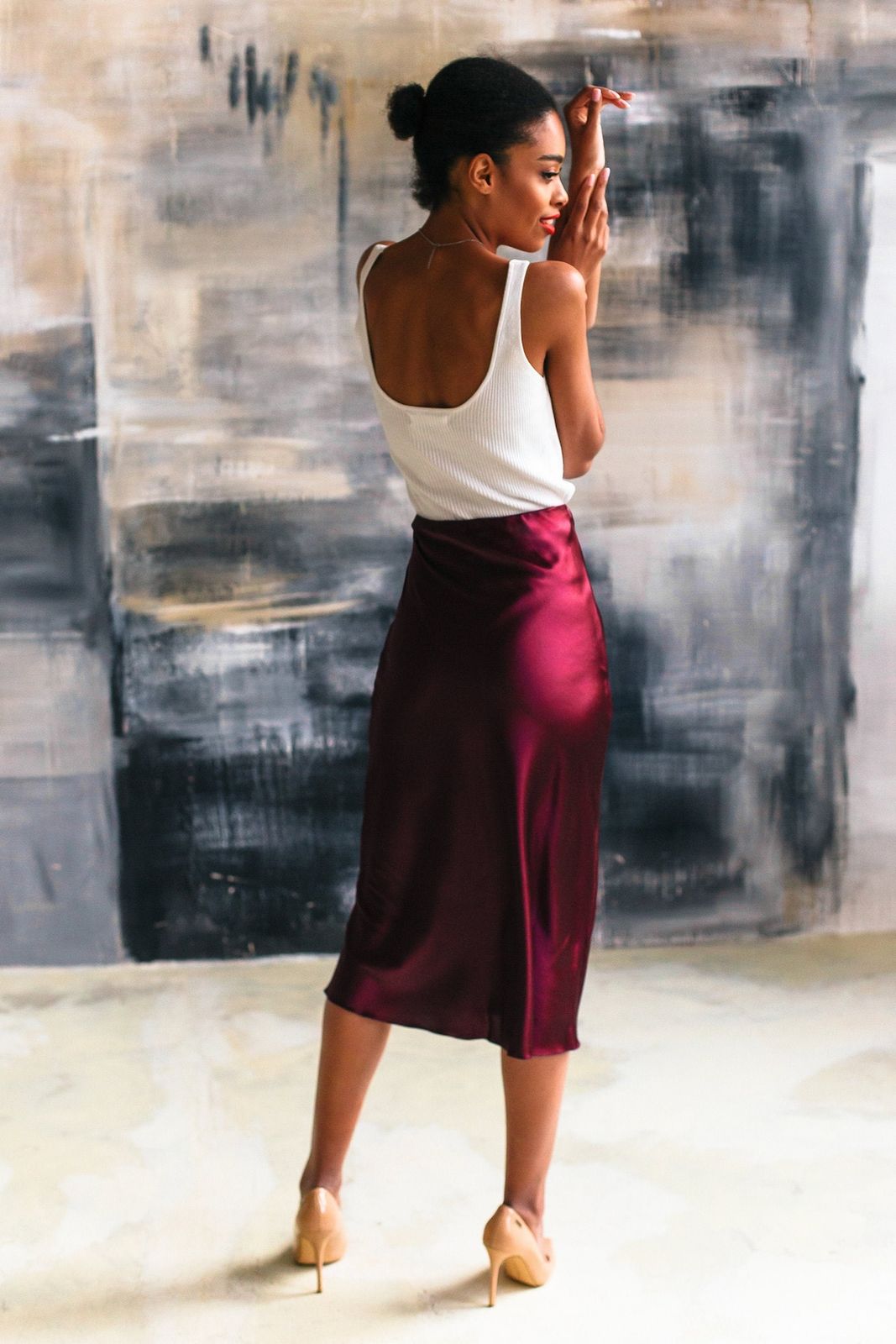 Burgundy Slip Skirt with Ribbed Tank and Nude Heels — Slip Skirt Outfits