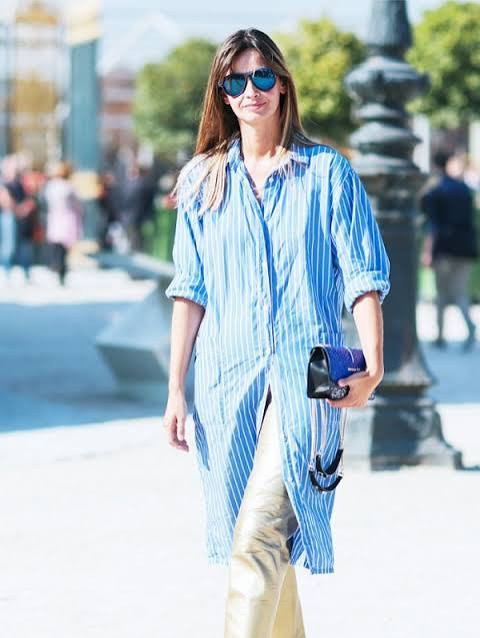 Striped Shirt Dress Over Metallic Trousers — Shirt Dress Outfits