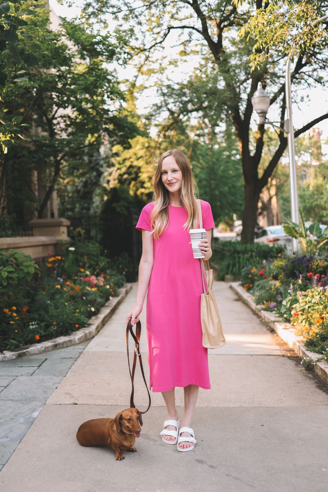 Hot Pink T-Shirt Midi Dress with White Slides and Beige Tote — Midi Dress Outfits