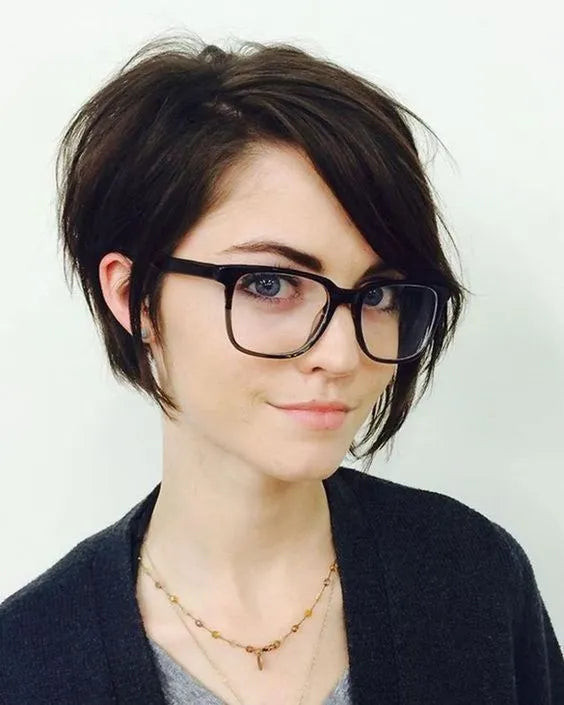 Asymmetrical Dark Brown Bob With Waves — Short Haircuts with Glasses