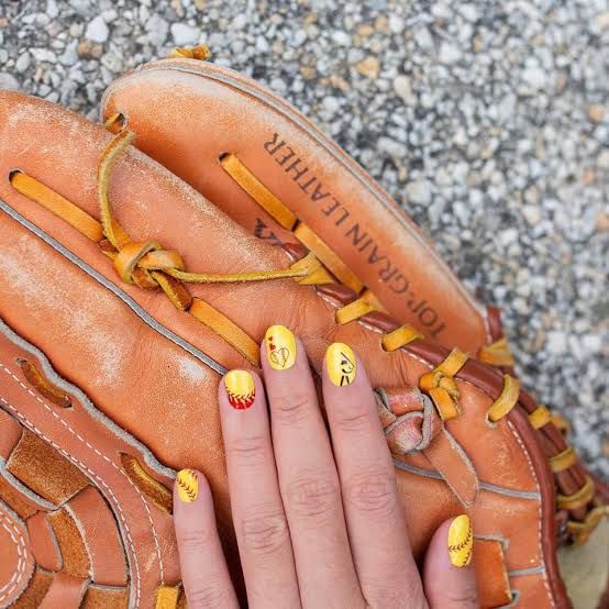 Bright Yellow Softball Motif Nails — Softball Nails