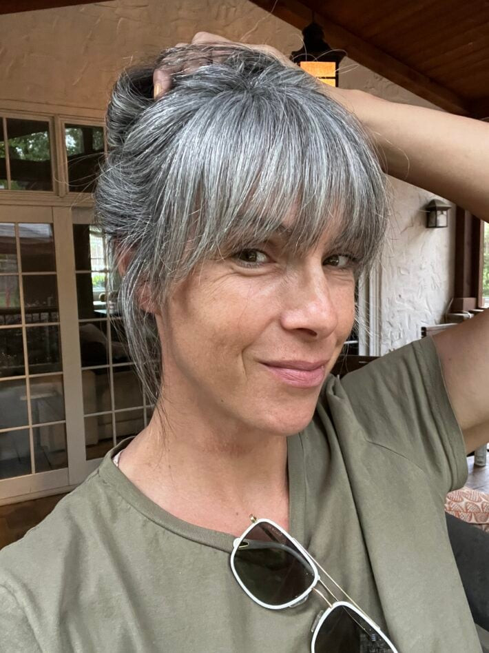 Messy Bun With Gray Bangs — Gray Hair with Bangs