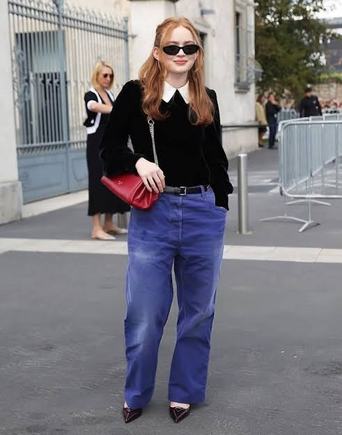 Oversized Denim Trousers with Collared Top and Heels Oversized Denim Trousers with Collared Top and Heels — Grandmacore Outfits