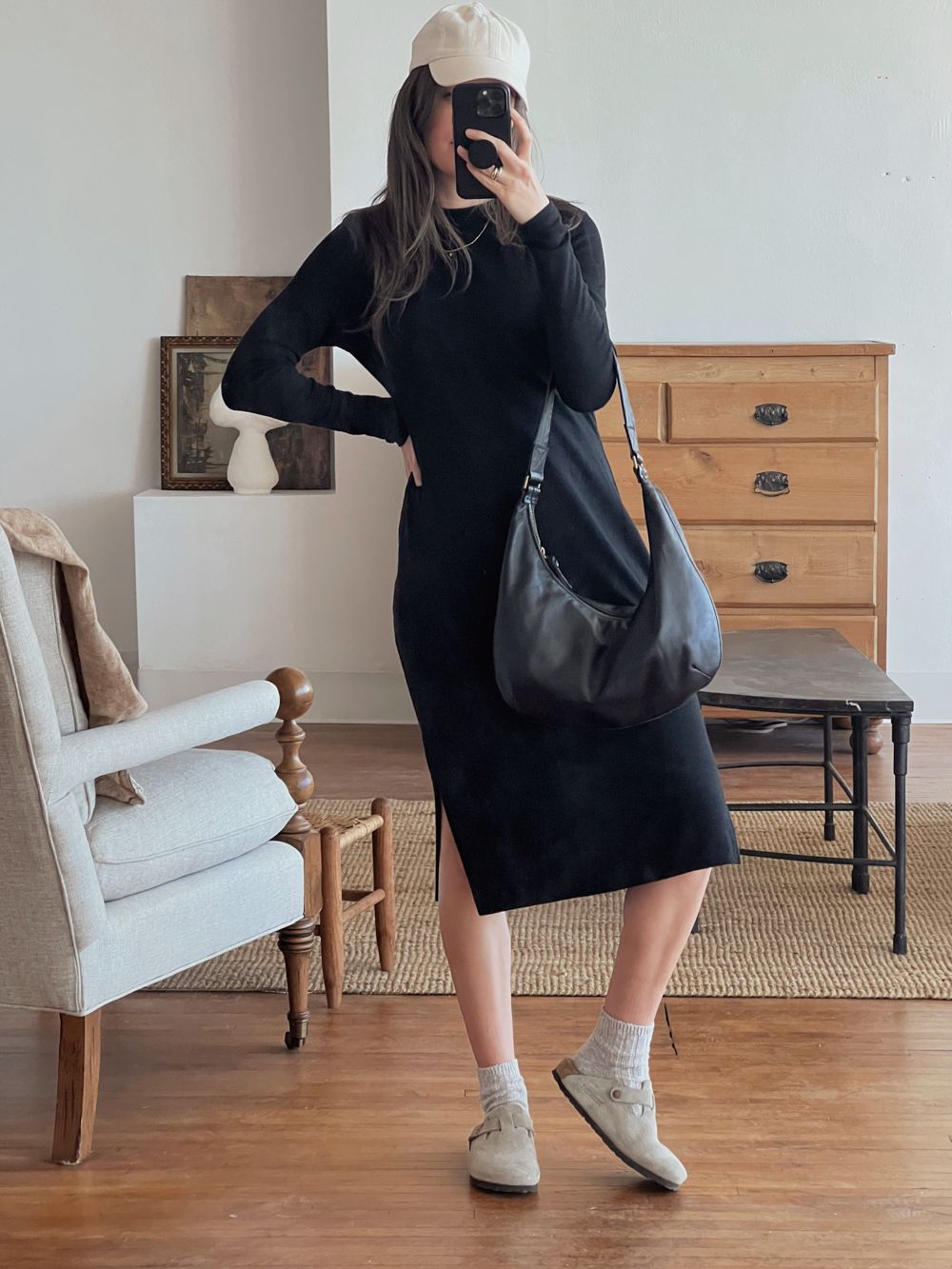 Fitted Midi Dress with Light Grey Birkenstock Bostons Fitted Midi Dress with Light Grey Birkenstock Bostons — Birkenstock Boston Outfits