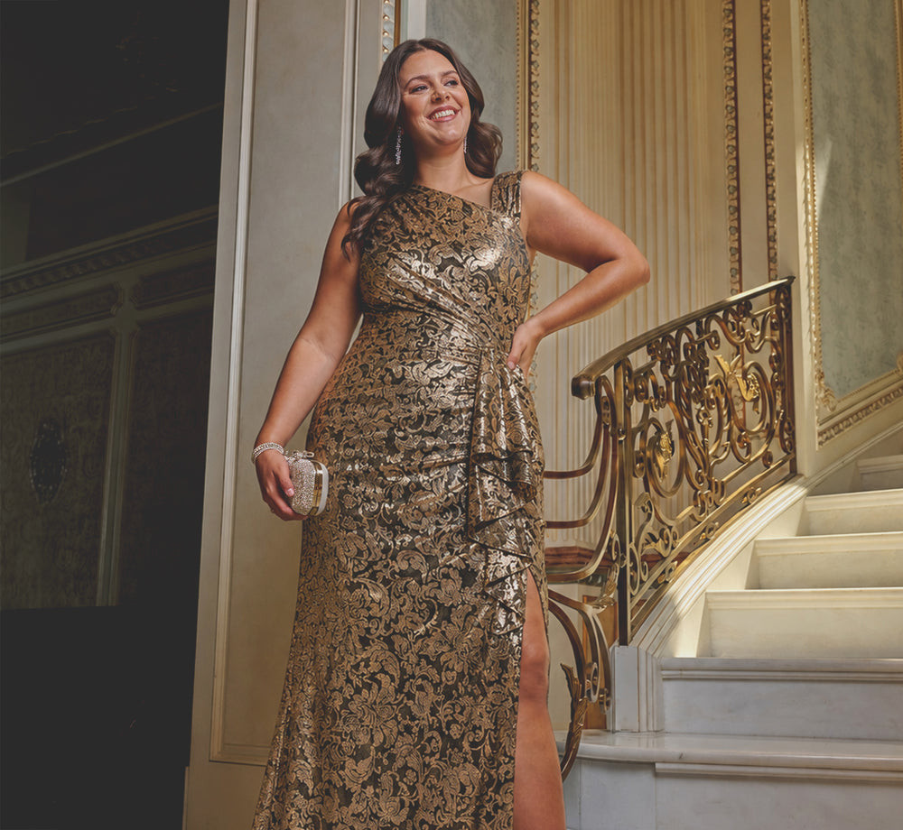 Gold and Black Patterned Column Gown with High Slit — Dresses for Big Bust