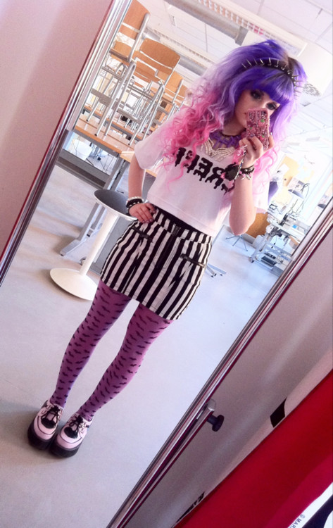 Graphic Tee, Striped Skirt, and Patterned Tights — Pastel Goth Outfits