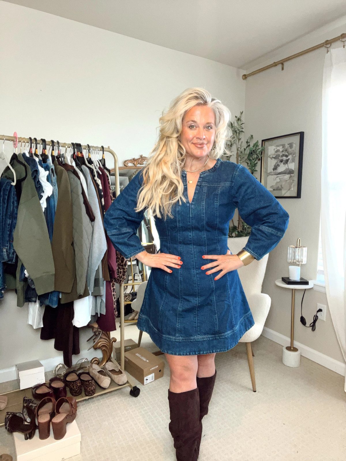 Dark Wash Denim A-Line Mini Dress with Boots — Midsize Dresses