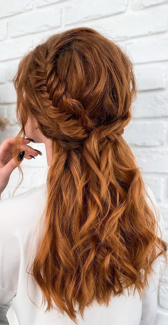 Vibrant Red Collarbone Waves — Braided Half Up Half Down