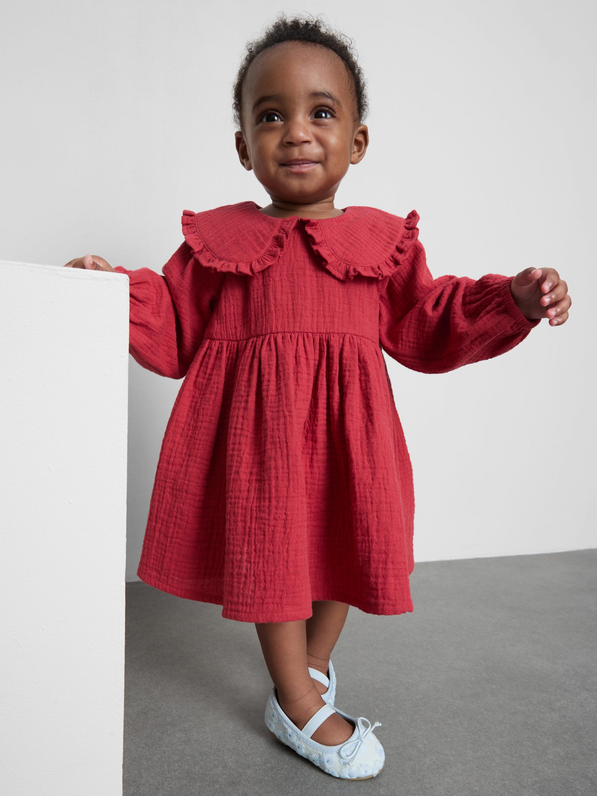 Bold Red Gauze Dress with Oversized Ruffled Collar Bold Red Gauze Dress with Oversized Ruffled Collar — Baby Outfits