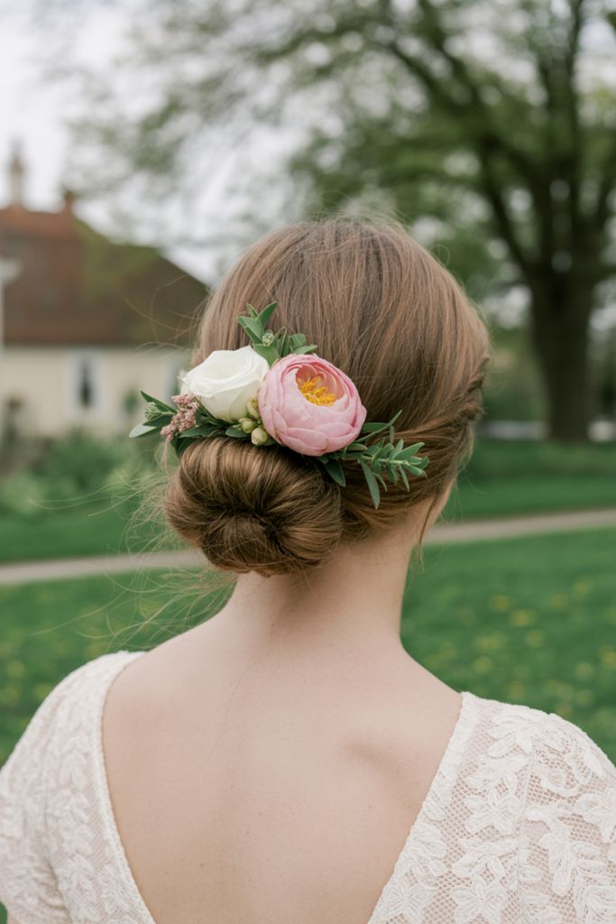Braided Bun with Side Floral Arrangement — Wedding Hairstyles with Flowers