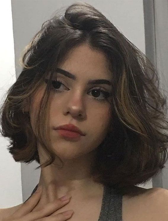Dark Brown Bob With Curtain Bangs — Wavy Bob