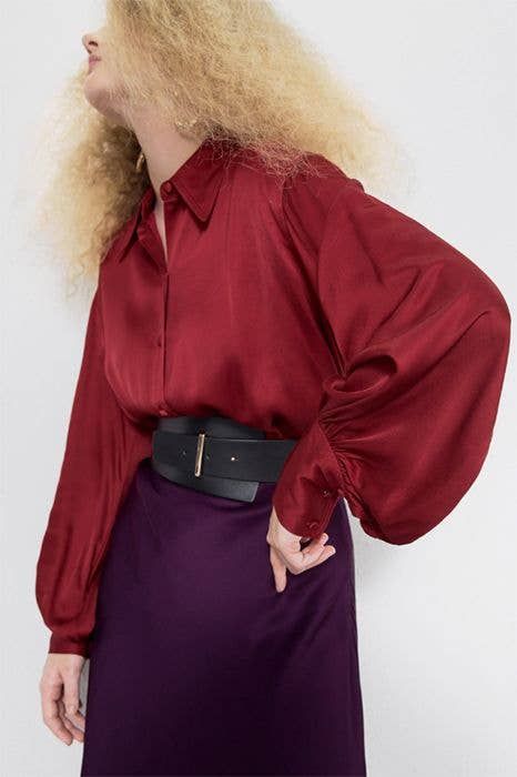 Red Satin Blouse with Voluminous Sleeves and Purple Skirt — Satin Top Outfits