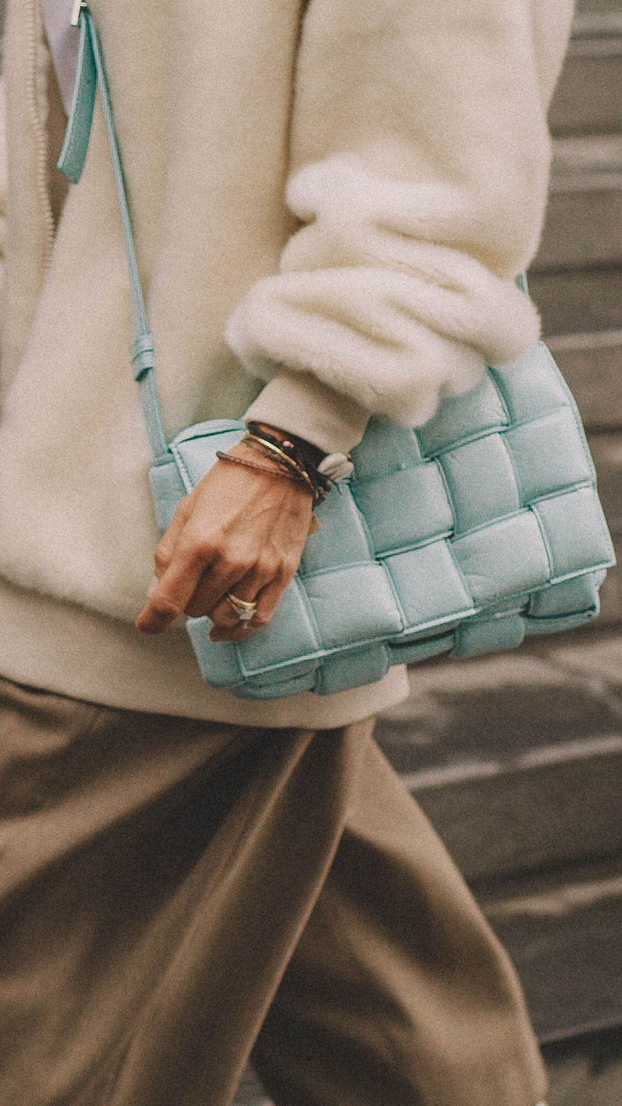 Casual Daytime: Light Blue Quilted Bag with a Fuzzy Jacket Casual Daytime: Light Blue Quilted Bag with a Fuzzy Jacket — Bottega Veneta Bag Outfits