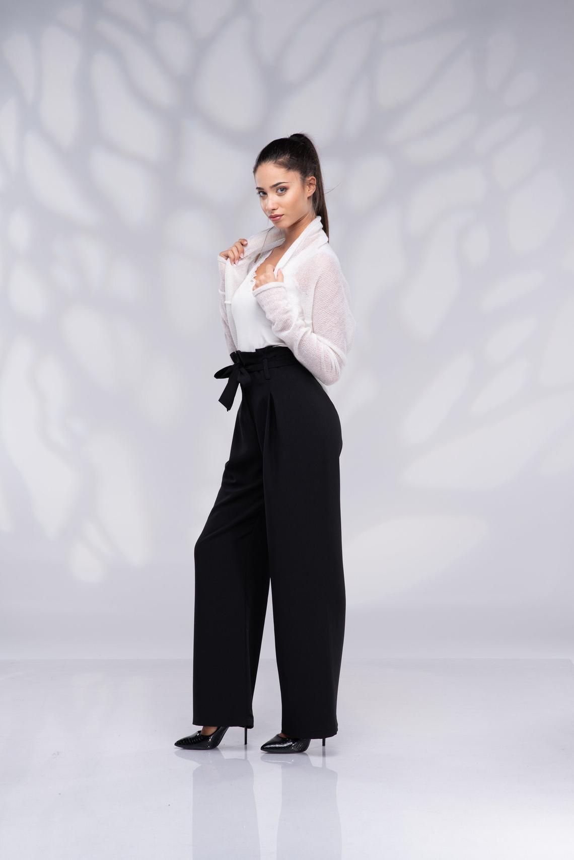 Black Palazzo Pants with Tie Belt and Sheer Cardigan Black Palazzo Pants with Tie Belt and Sheer Cardigan