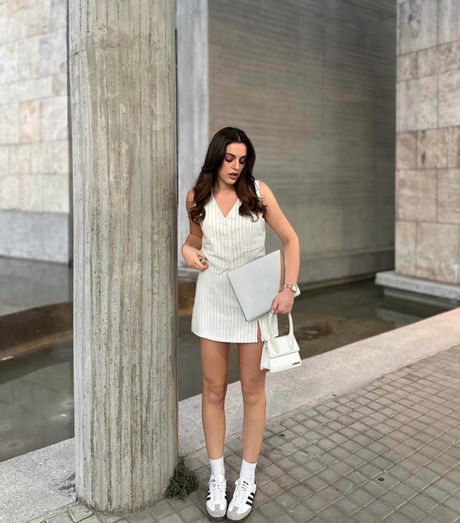 Youthful Summer: Pinstripe Mini Dress with Adidas Samba Youthful Summer: Pinstripe Mini Dress with Adidas Samba — Adidas Samba Outfits