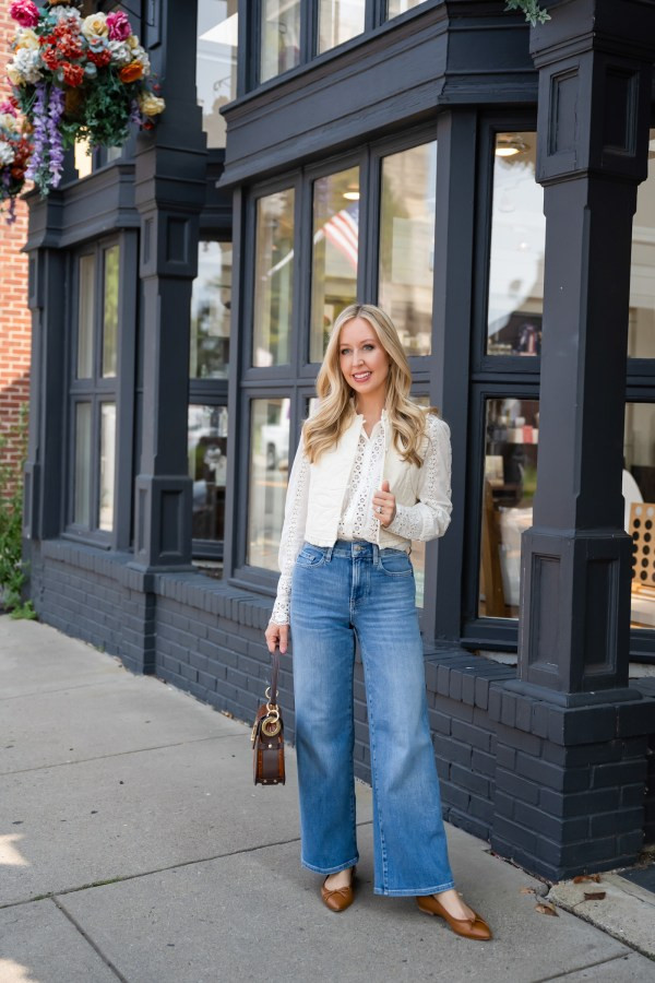 Eyelet Vest and Tan Ballet Flats with Wide-Leg Jeans — Ballet Flats with Jeans Outfits