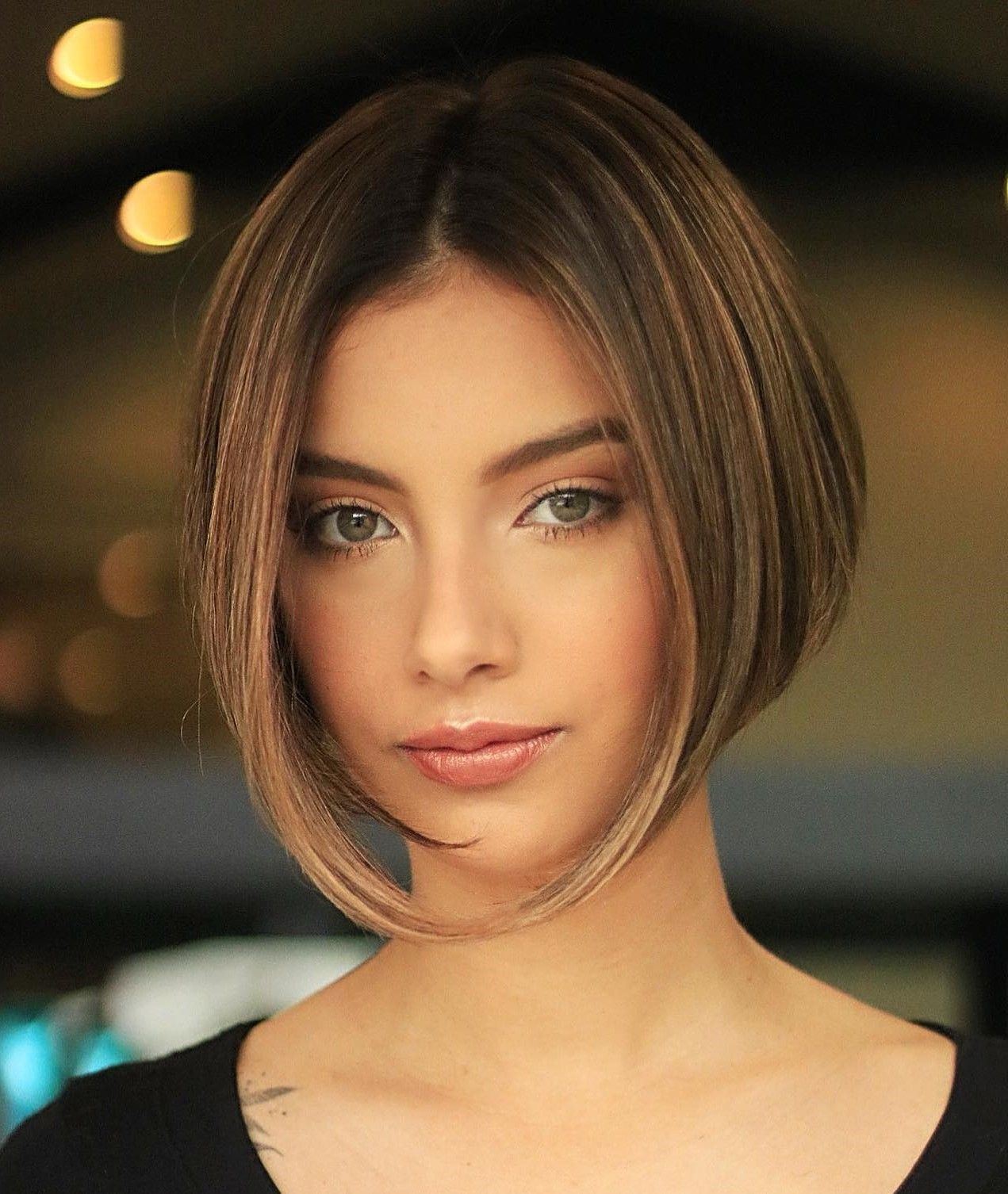 Dark Brown Bob With Angled Bangs Dark Brown Bob With Angled Bangs — Inverted Bob