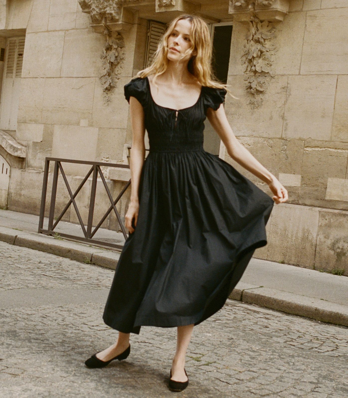 Classic Black Milkmaid Dress with Voluminous Skirt and Ballet Flats — Milkmaid Dresses