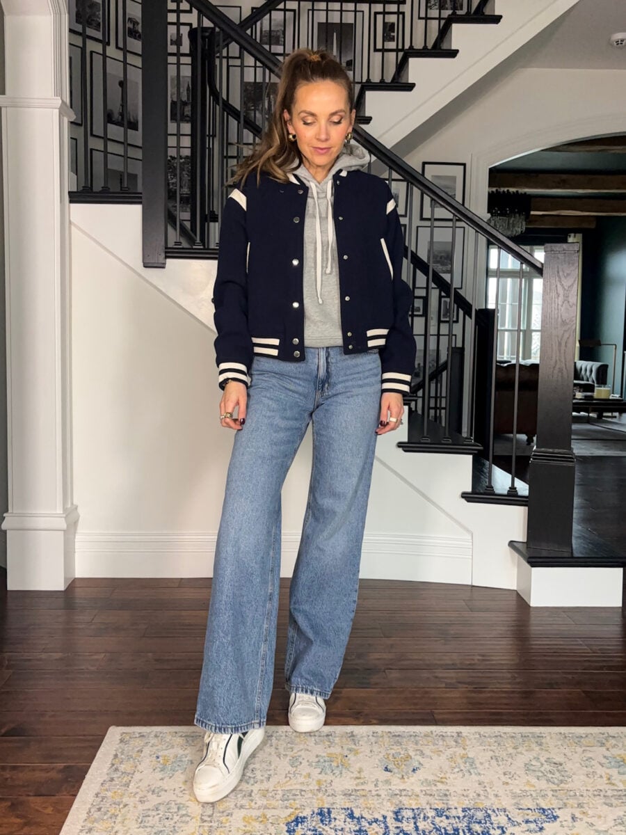 Striped Navy Bomber with Hoodie and Wide-Leg Jeans — Bomber Jacket Outfits