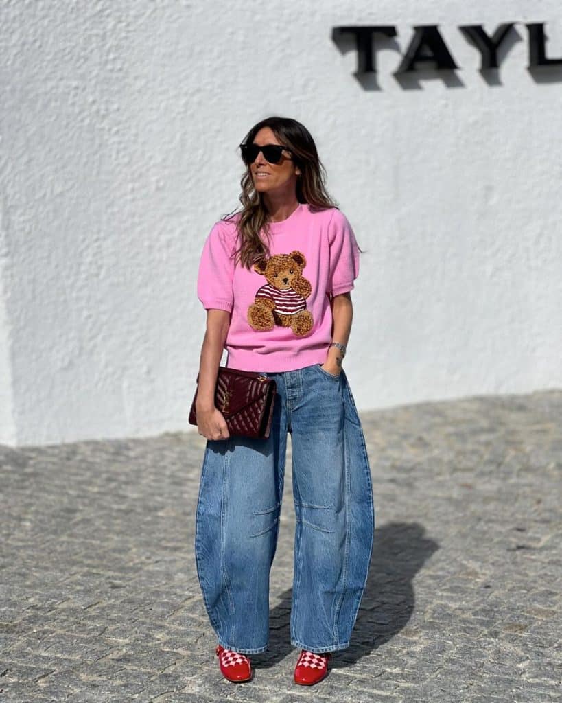 Playful Barrel Jeans with Graphic Sweater and Red Checkered Shoes Playful Barrel Jeans with Graphic Sweater and Red Checkered Shoes — Barrel Jeans Outfits