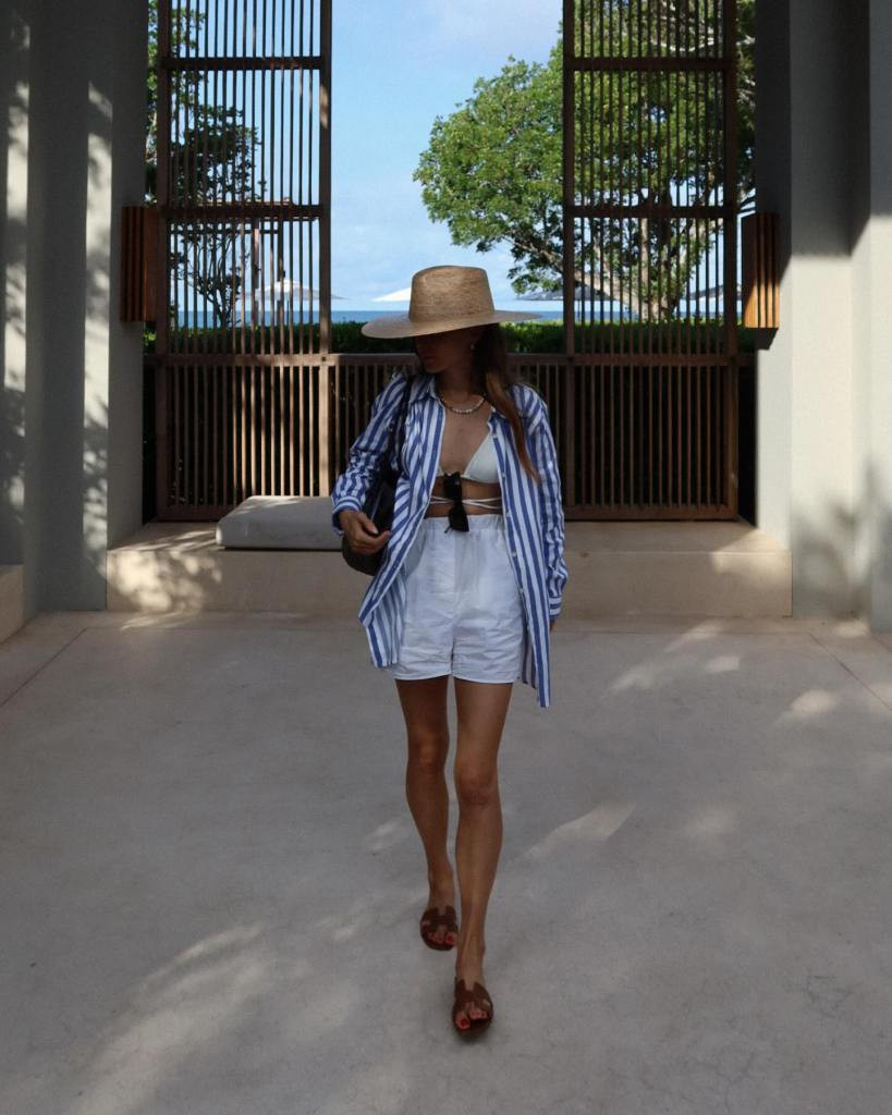 Striped Oversized Shirt with White Bikini and Shorts Striped Oversized Shirt with White Bikini and Shorts — Cabo Outfits
