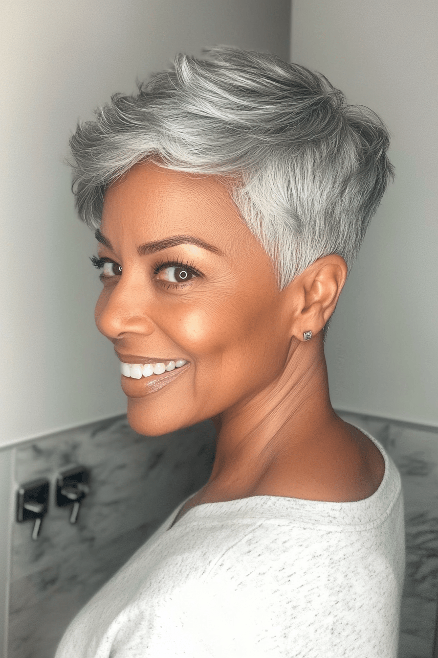 Chic Silver Pixie Swept Back — Haircuts for Black Women Over 60