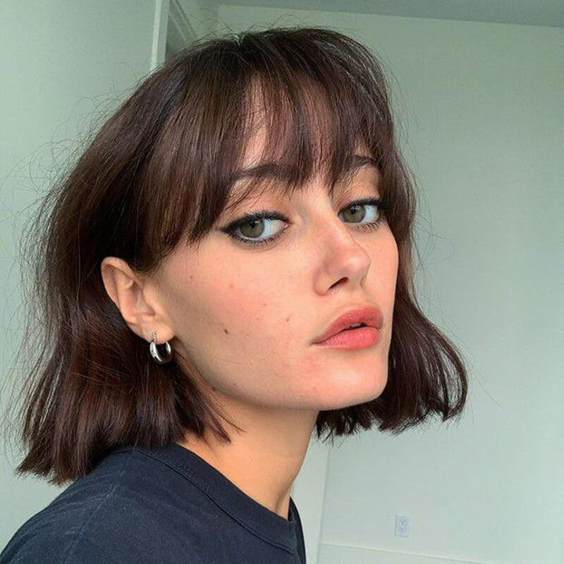 Dark Brown Bob with Blunt Full Bangs Dark Brown Bob with Blunt Full Bangs — Haircuts for Diamond Faces
