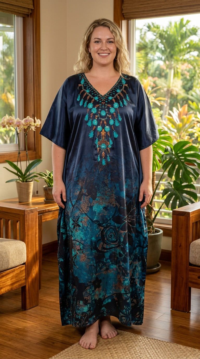 Navy Satin Caftan with Embellished Neckline — Cruise Dresses