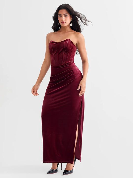 Burgundy Velvet Maxi Dress: Slit and Texture — Date Party Dresses