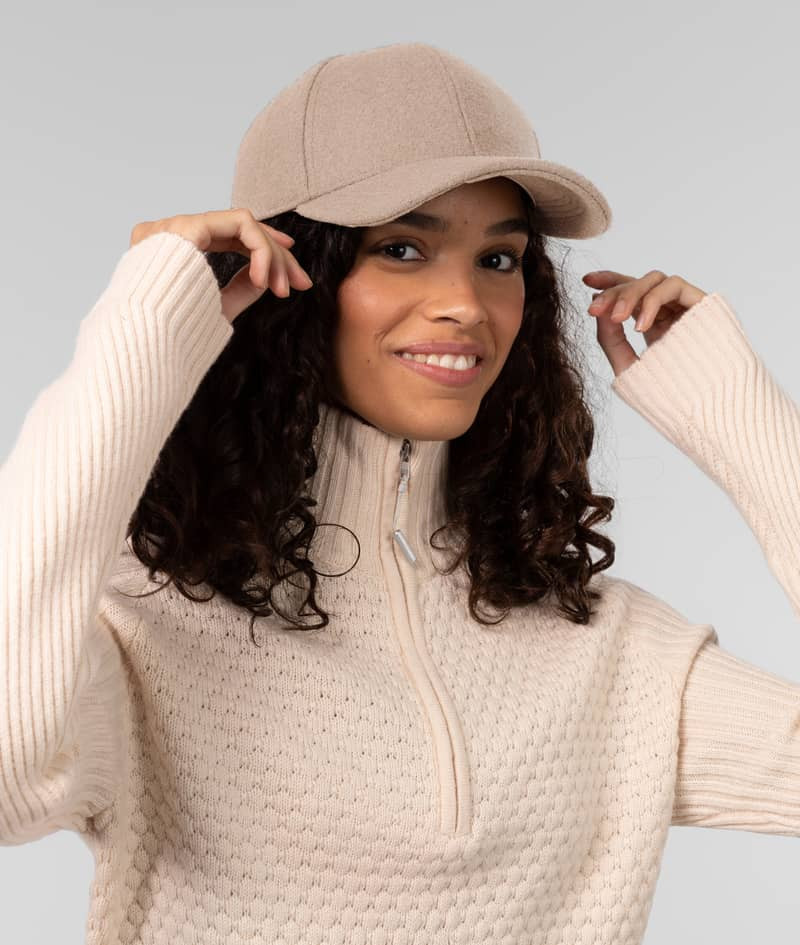 Cream Quarter-Zip Knit Sweater with Baseball Cap Cream Quarter-Zip Knit Sweater with Baseball Cap — Light Feminine Outfits