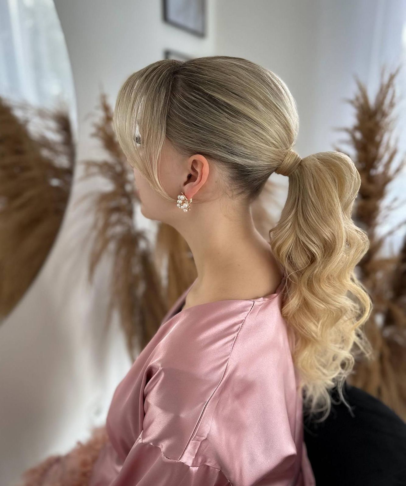 Ash Blonde High Ponytail with Curled Ends — Ponytail with Bangs