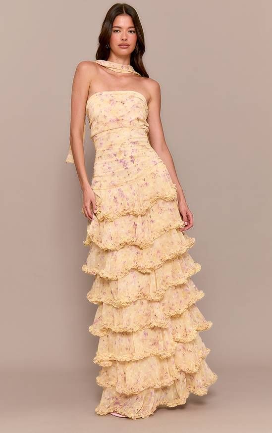 Strapless Floral Tiered Maxi Dress with Neck Scarf — Tiered Dresses