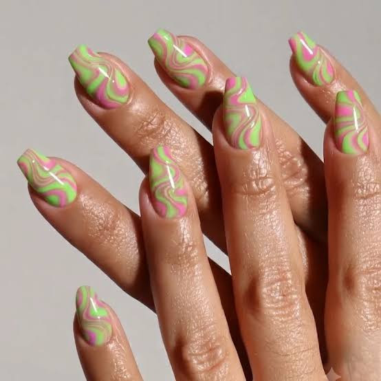 Neon Green Hot Pink Swirl Nails — Festival Nails