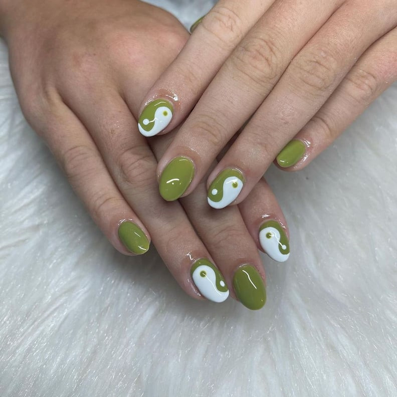 Olive Green Yin And Yang Overlay Nails Olive Green Yin And Yang Overlay Nails