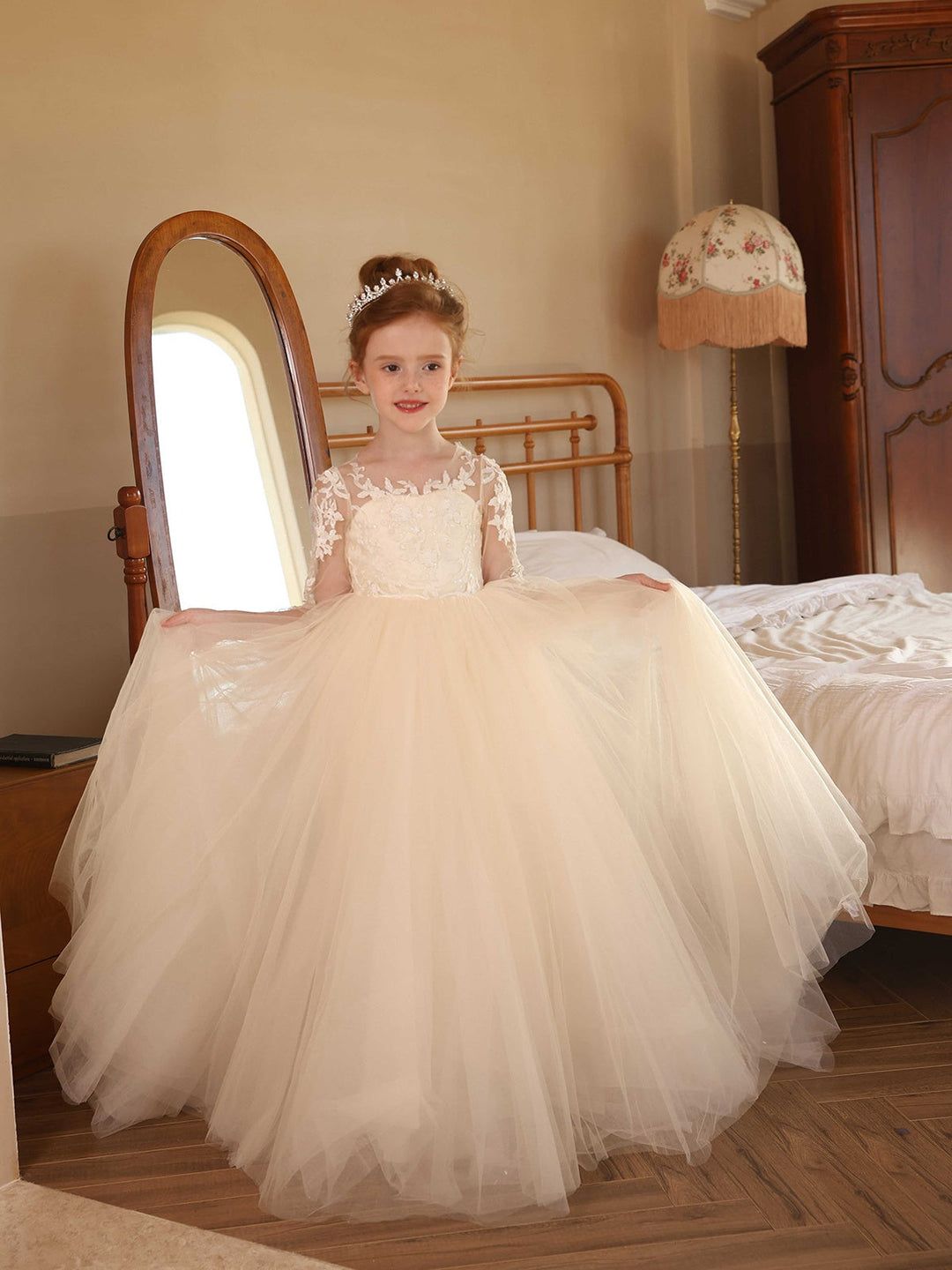 Champagne A-Line Dress with Pearl Embellishments Champagne A-Line Dress with Pearl Embellishments — Flower Girl Dresses