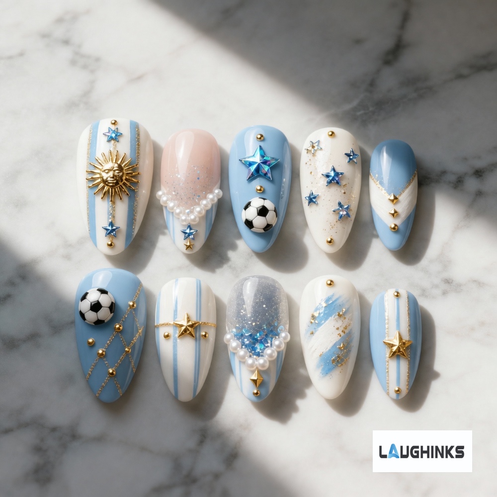 Light Blue White Gold Pearl Visual Idea Light Blue White Gold Pearl Visual Idea — Soccer Nails